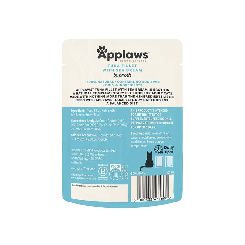 Applaws Tuna and Sea Bream Cat Food Broth Pouches professional product photo ready to upload to shopify