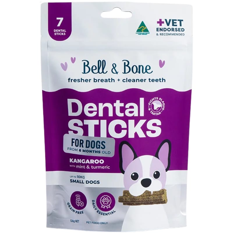 Bell & Bone Dog Dental Sticks Kangaroo Mint & Turmeric professional product photo ready to upload to shopify