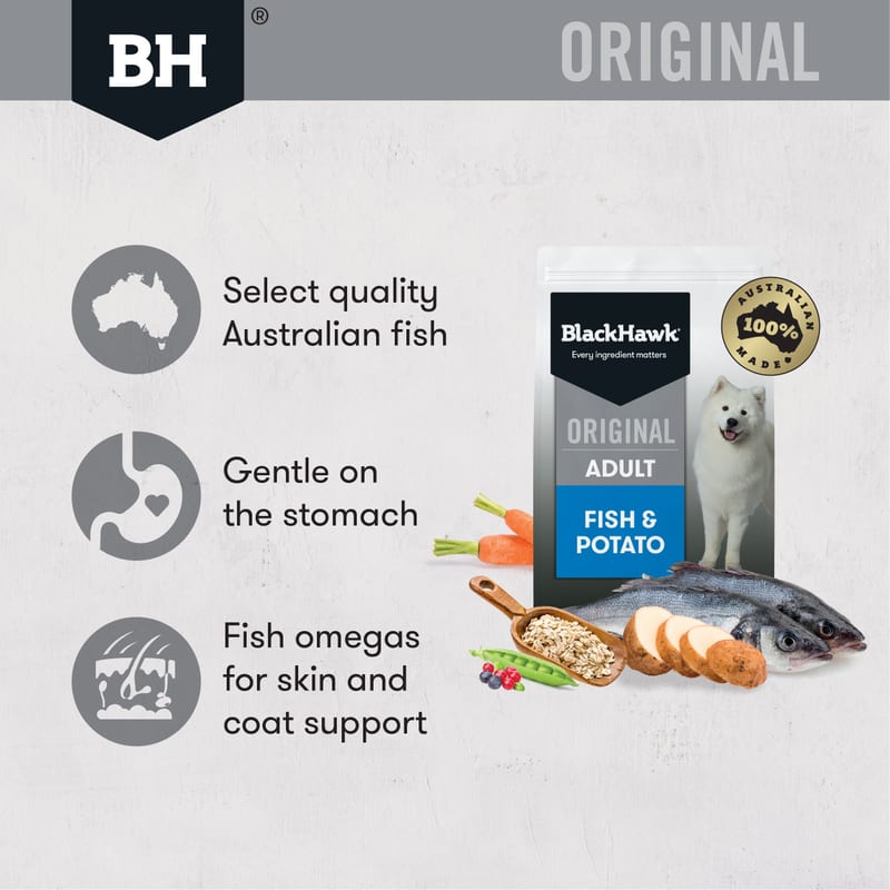 Black Hawk Adult Dry Dog Food Fish & Potato professional product photo ready to upload to shopify