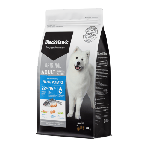 Black Hawk Adult Dry Dog Food Fish & Potato professional product photo ready to upload to shopify