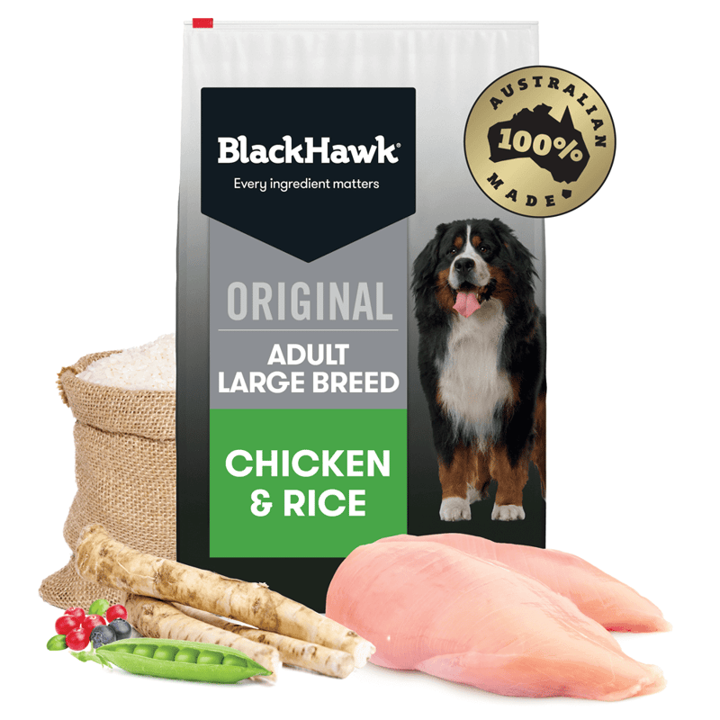 Black Hawk Adult Large Breed Dry Dog Food Chicken & Rice 20kg professional product photo ready to upload to shopify