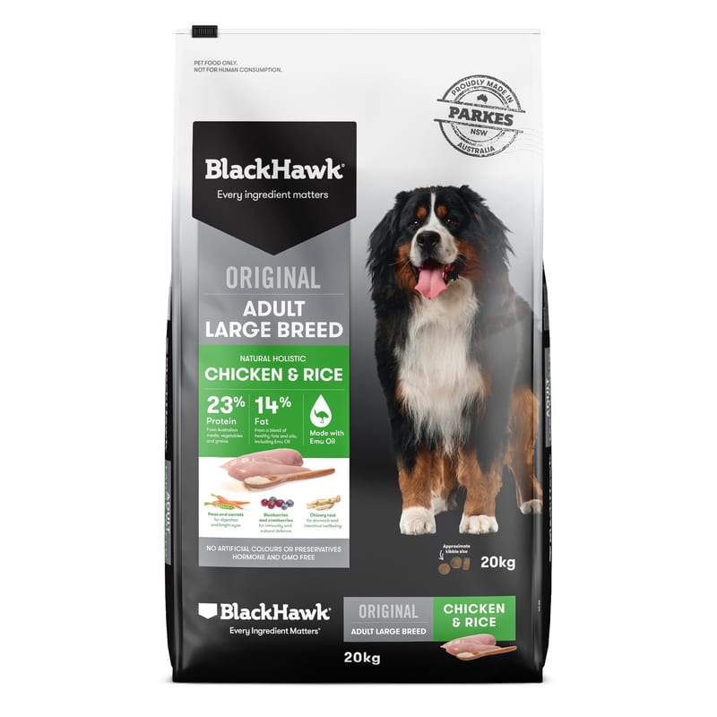 Black Hawk Adult Large Breed Dry Dog Food Chicken & Rice 20kg professional product photo ready to upload to shopify