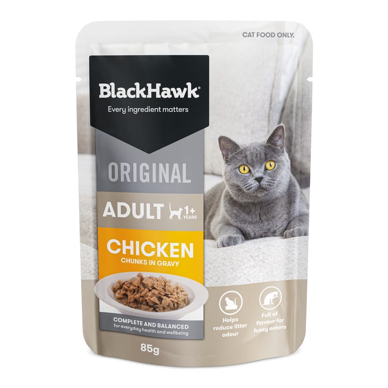 Black Hawk Adult Wet Cat Food Chicken in Gravy 85g professional product photo ready to upload to shopify