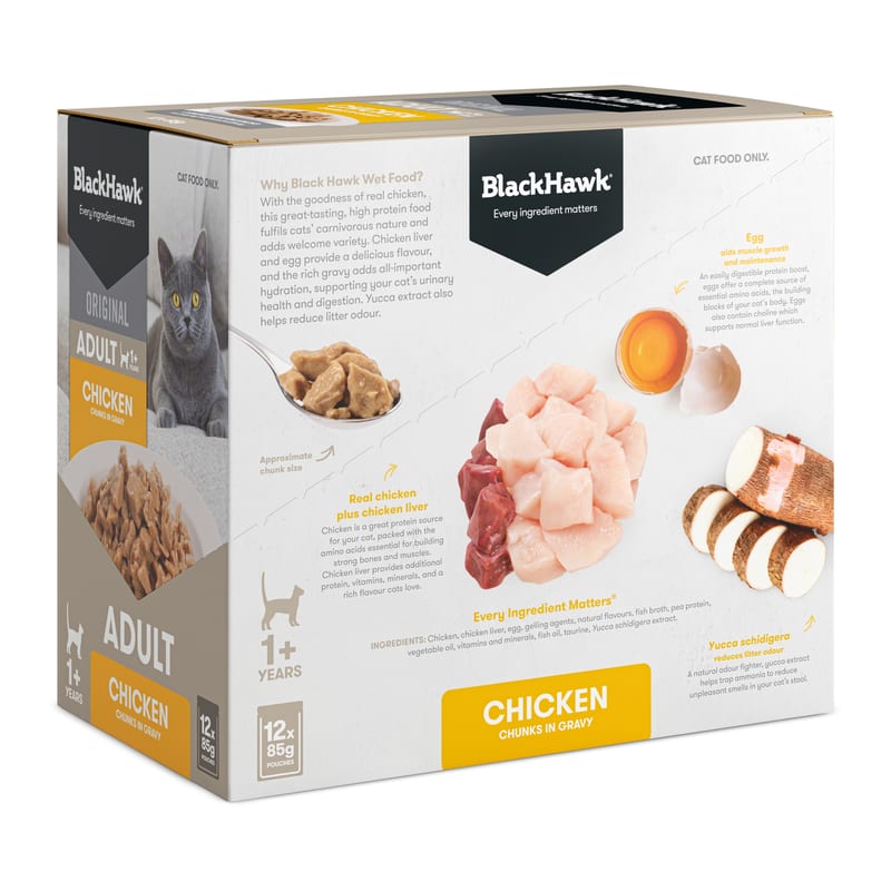 Black Hawk Adult Wet Cat Food Chicken in Gravy 85g professional product photo ready to upload to shopify