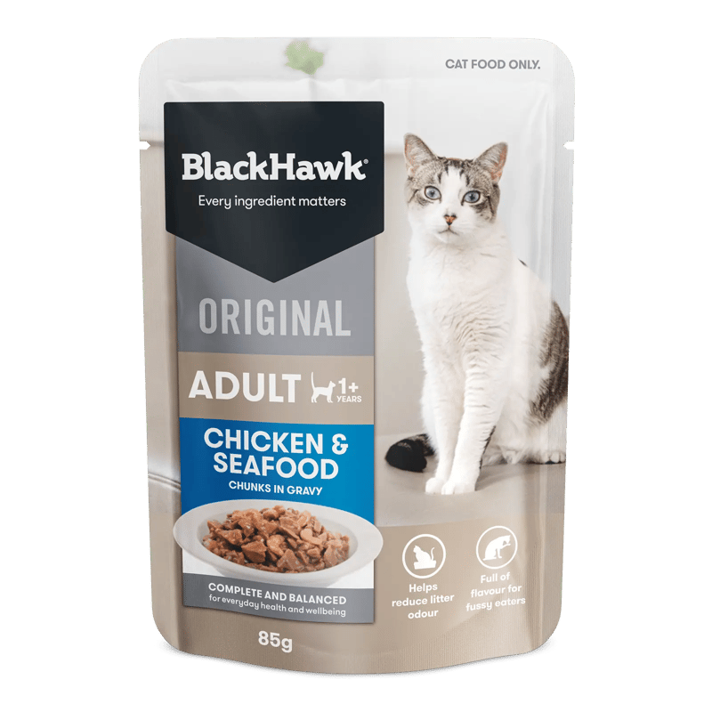Black Hawk Adult Wet Cat Food Chicken & Seafood in Gravy 12 x 85g professional product photo ready to upload to shopify