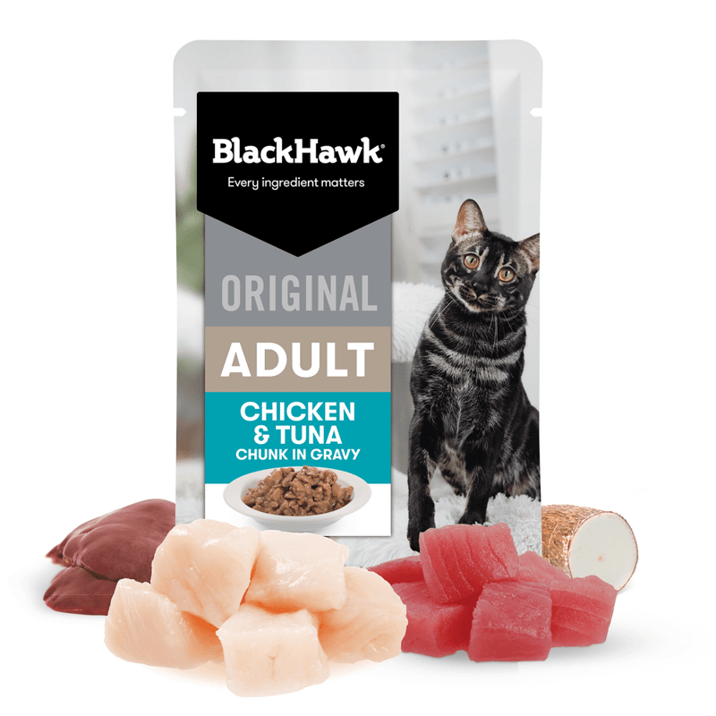 Black Hawk Adult Wet Cat Food Chicken & Tuna in Gravy 12 x 85g professional product photo ready to upload to shopify