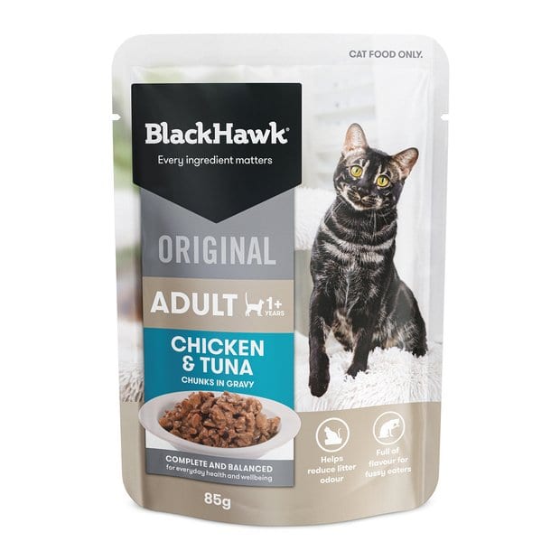 Black Hawk Adult Wet Cat Food Chicken & Tuna in Gravy 12 x 85g professional product photo ready to upload to shopify