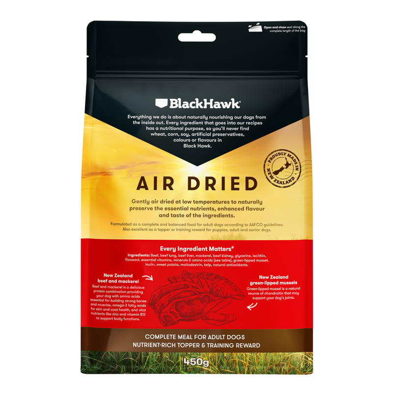 Black Hawk Air Dried Adult Dog Food Beef & Mackerel professional product photo ready to upload to shopify