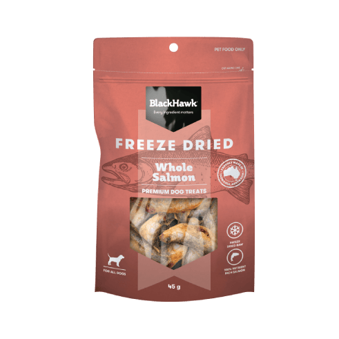 Black Hawk Freeze Dried Dog Treats Whole Salmon 45g professional product photo ready to upload to shopify