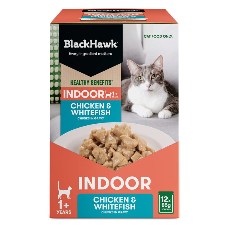 Black Hawk Healthy Benefits Indoor Wet Cat Food Chicken & Fish in Gravy 12 x 85g professional product photo ready to upload to shopify