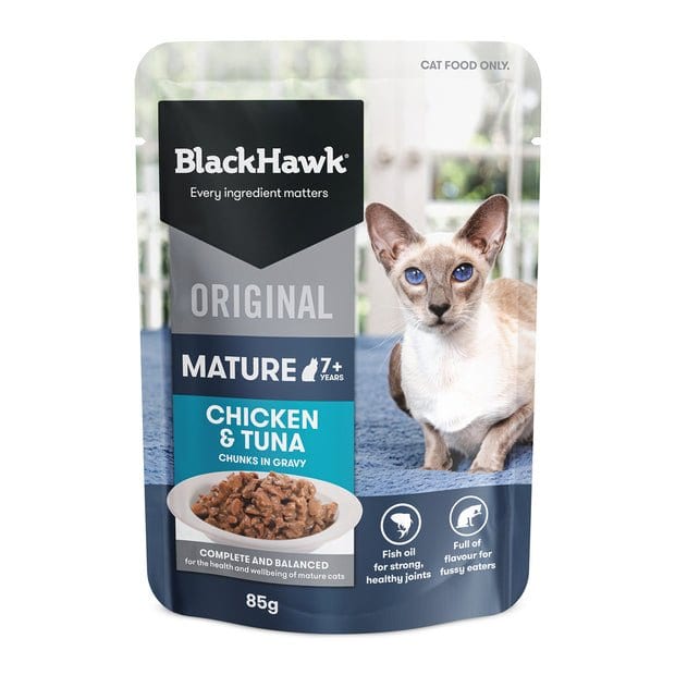 Black Hawk Mature 7+ Wet Cat Food Chicken & Tuna in Gravy 85g professional product photo ready to upload to shopify