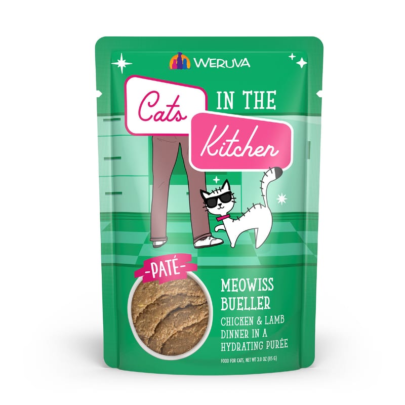 CATS IN THE KITCHEN CAT GRAIN FREE SLIDE N' SERVE MEOWISS BUELLER 3OZ POUCH professional product photo ready to upload to shopify