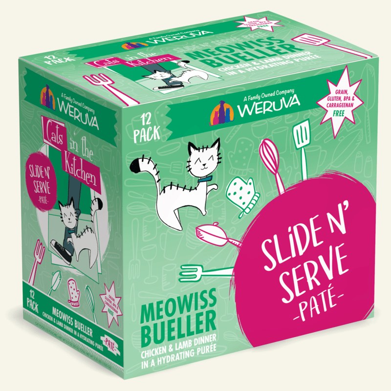 CATS IN THE KITCHEN CAT GRAIN FREE SLIDE N' SERVE MEOWISS BUELLER 3OZ POUCH professional product photo ready to upload to shopify