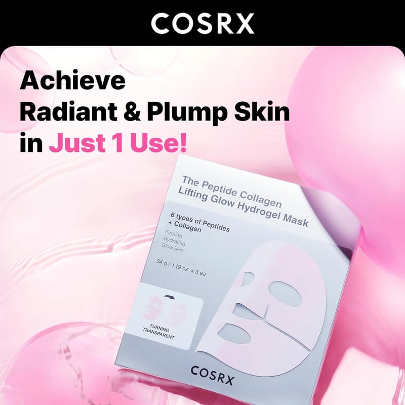 COSRX Peptide Collagen Glow Hydrogel Mask professional product photo ready to upload to shopify