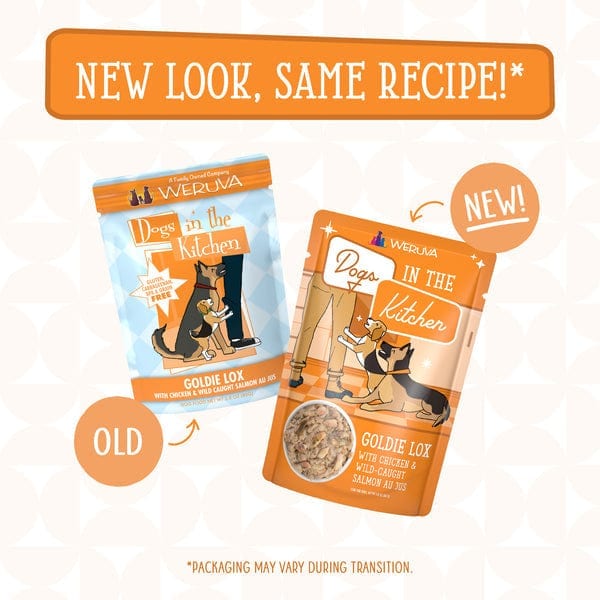 DOGS IN THE KITCHEN DOG CLASSIC GOLDIE LOX 2.8OZ POUCH professional product photo ready to upload to shopify