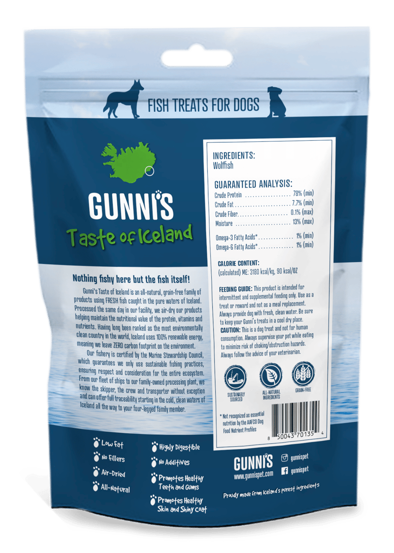 GUNNI'S DOG WOLFFISH CHEWY STICKS 3 PACK professional product photo ready to upload to shopify