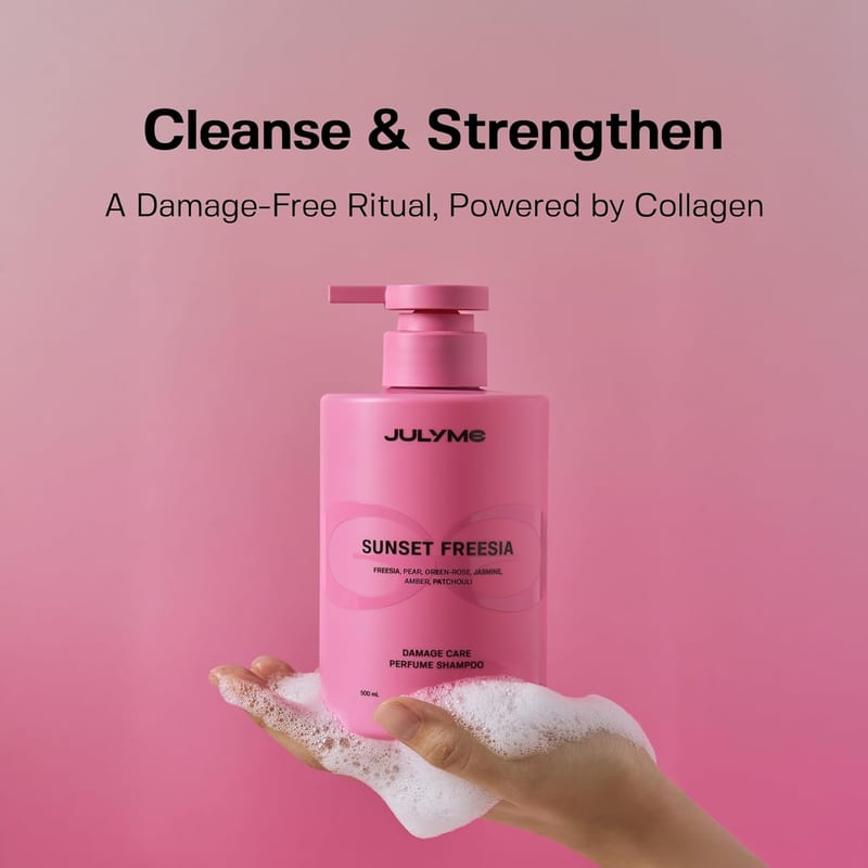 JULYME DAMAGE CARE PERFUME SHAMPOO SUNSET FREESIA 500ml professional product photo ready to upload to shopify