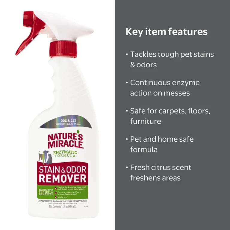 Nature's Miracle Dog Stain & Odor Remover Trigger Spray 24 oz professional product photo ready to upload to shopify