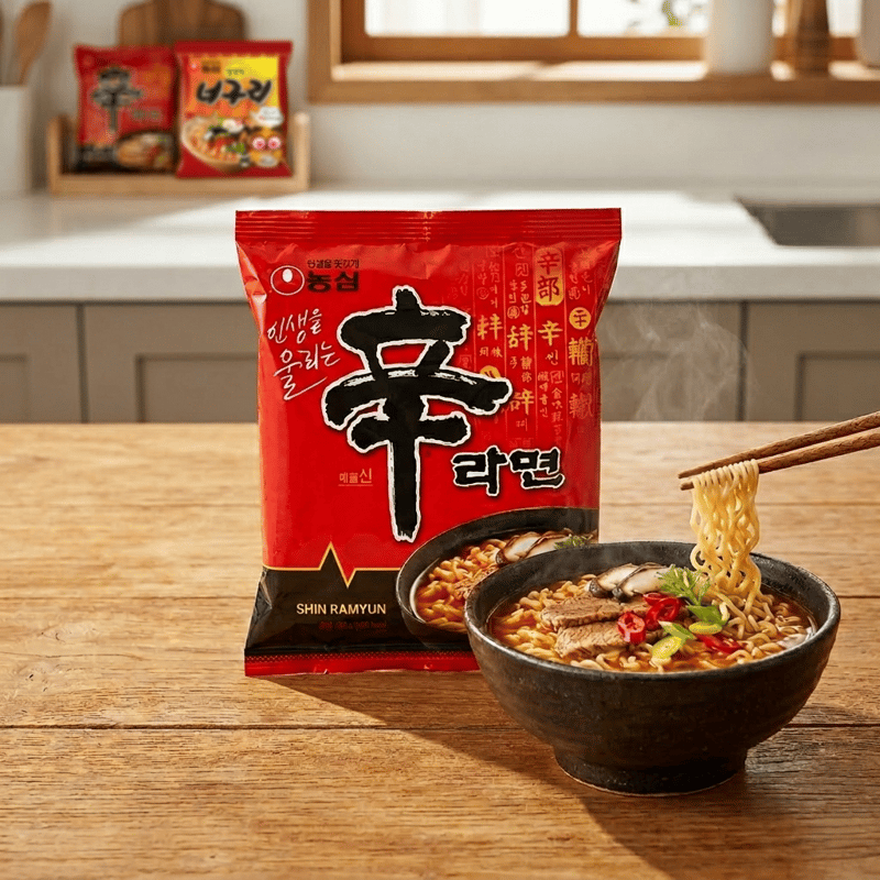 Nongshim Shin Ramyun Noodles Hot & Spicy 120g professional product photo ready to upload to shopify