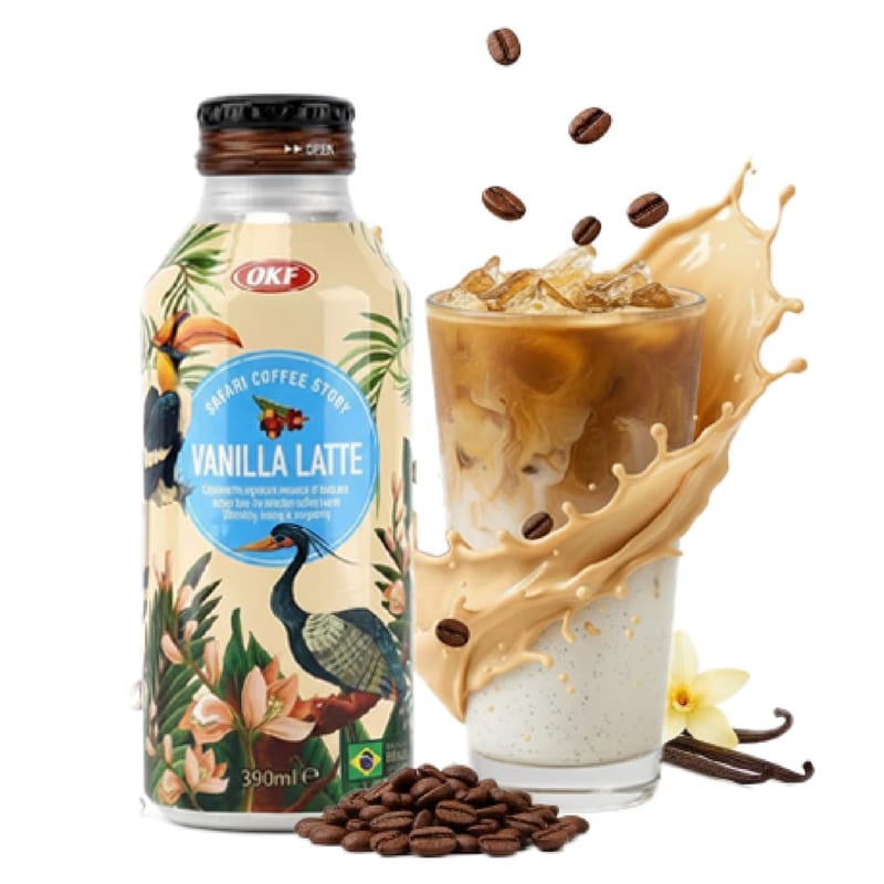 OKF Vanilla Latte 390ml professional product photo ready to upload to shopify