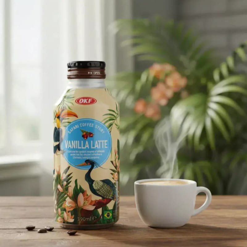OKF Vanilla Latte 390ml professional product photo ready to upload to shopify