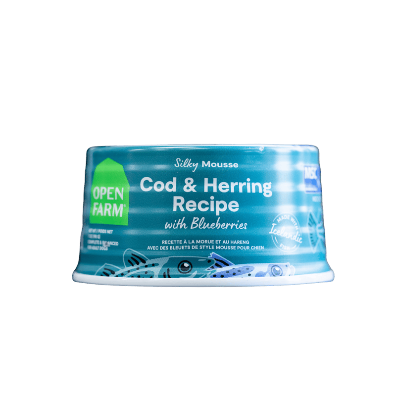 Open Farm Silky Mousse Cod & Herring recipe with Blueberries canned dog food professional product photo ready to upload to shopify