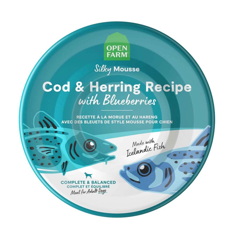 Open Farm Silky Mousse Cod & Herring recipe with Blueberries canned dog food professional product photo ready to upload to shopify