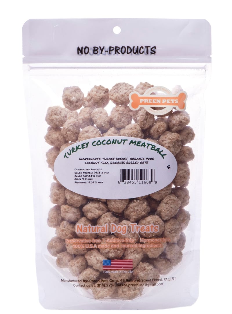 Preen Pets Turkey Coconut Meatballs 4oz professional product photo ready to upload to shopify