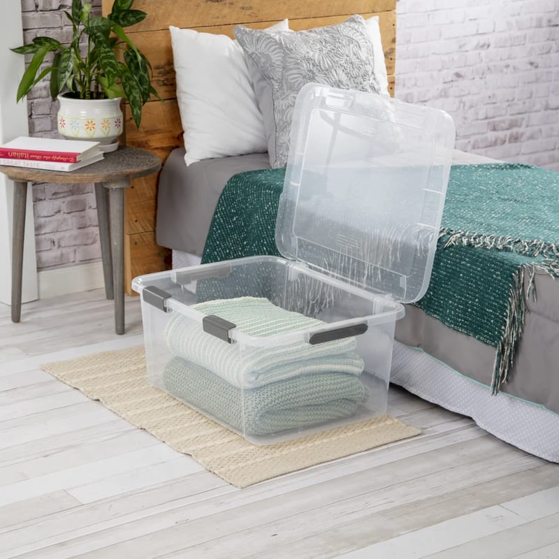 Sterilite 60 Qt. Hinge Lid Storage Box Plastic Flat Gray professional product photo ready to upload to shopify