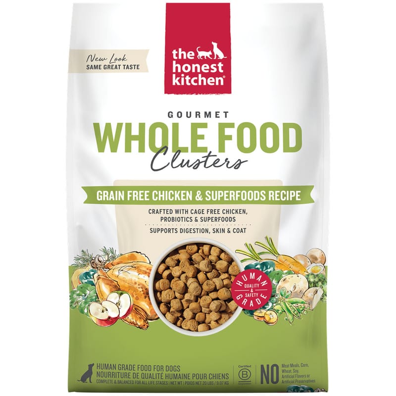 THE HONEST KITCHEN Dog Grain Free Chicken Whole Food Clusters Kibble professional product photo ready to upload to shopify