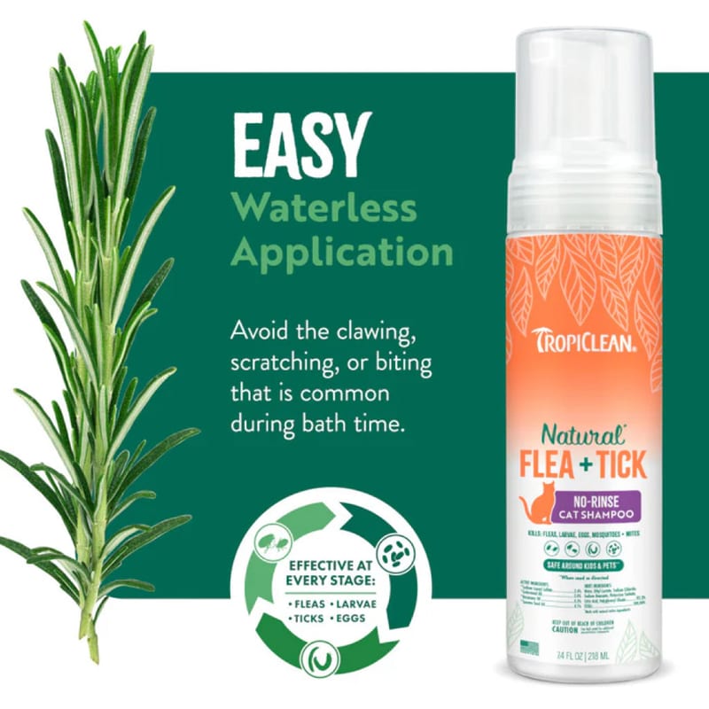 TropiClean Cat Waterless Natural Flea & Tick Shampoo 7.4 oz professional product photo ready to upload to shopify