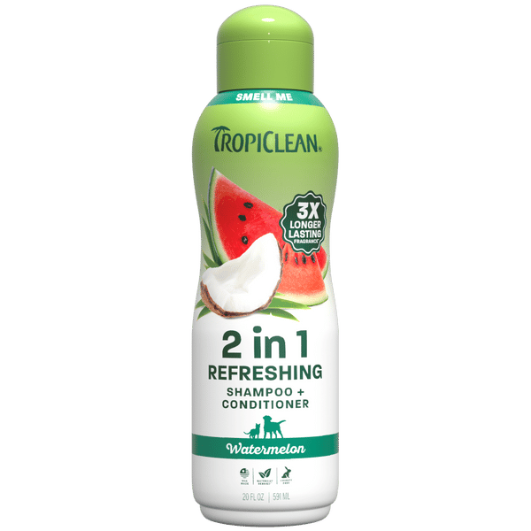 TROPICLEAN Dog & Cat 2-in-1 Watermelon Shampoo & Conditioner 20 oz professional product photo ready to upload to shopify