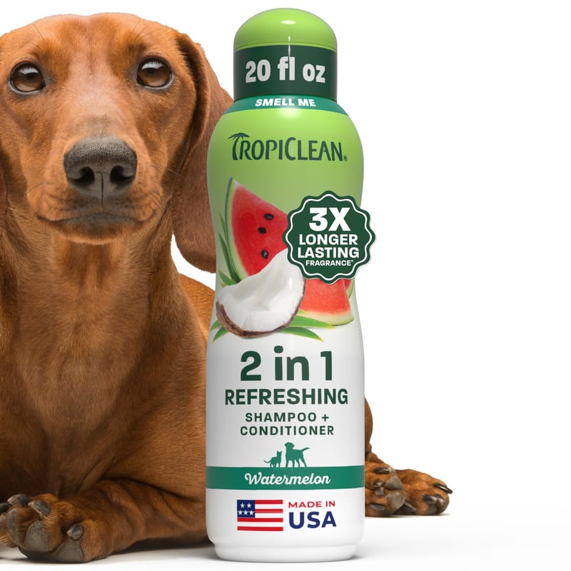 TROPICLEAN Dog & Cat 2-in-1 Watermelon Shampoo & Conditioner 20 oz professional product photo ready to upload to shopify