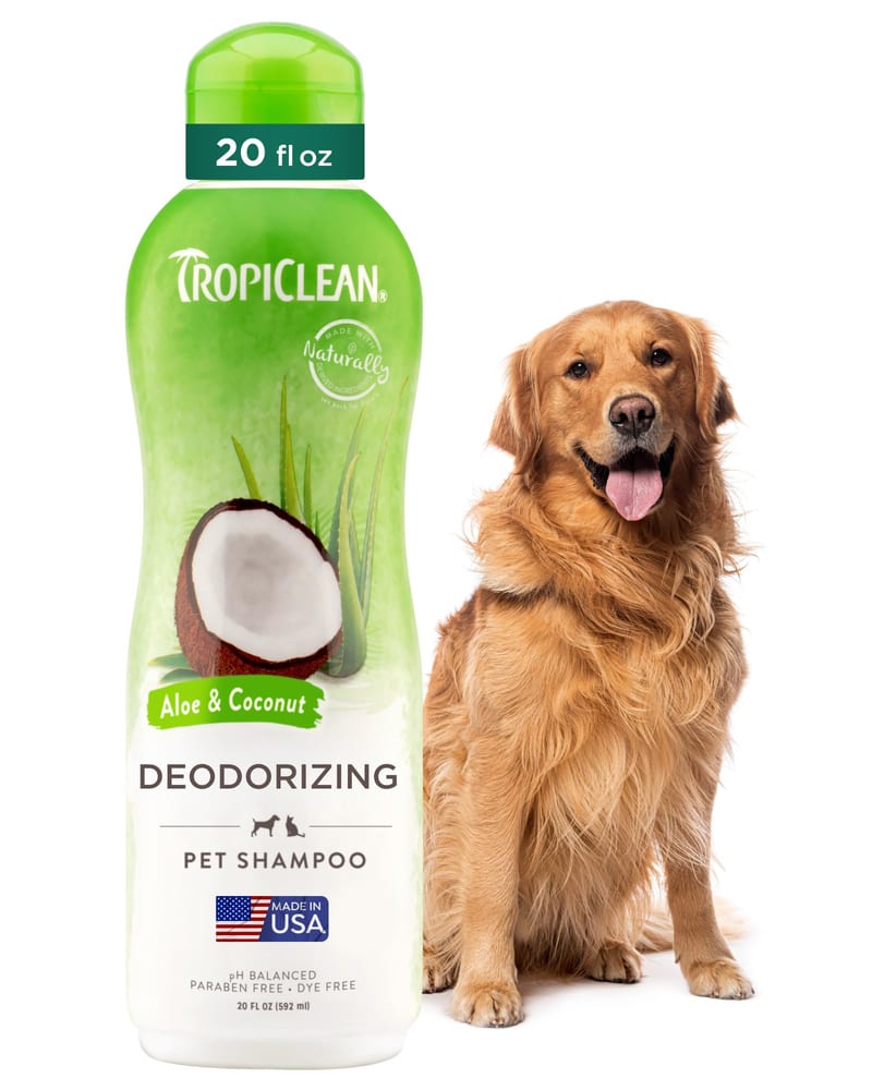 TROPICLEAN Dog & Cat Aloe Coconut Deodorizing Pet Shampoo 20 oz professional product photo ready to upload to shopify