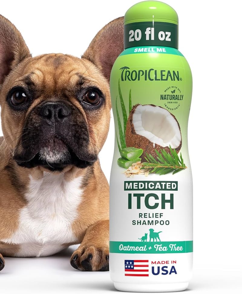 TROPICLEAN Dog & Cat Oatmeal & Tea Tree Medicated Itch Relief Shampoo 20 oz professional product photo ready to upload to shopify