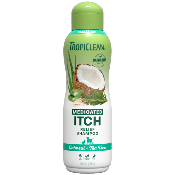 TROPICLEAN Dog & Cat Oatmeal & Tea Tree Medicated Itch Relief Shampoo 20 oz professional product photo ready to upload to shopify