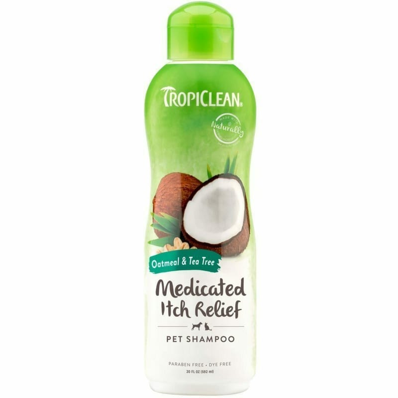 TROPICLEAN Dog & Cat Oatmeal & Tea Tree Medicated Itch Relief Shampoo 20 oz professional product photo ready to upload to shopify