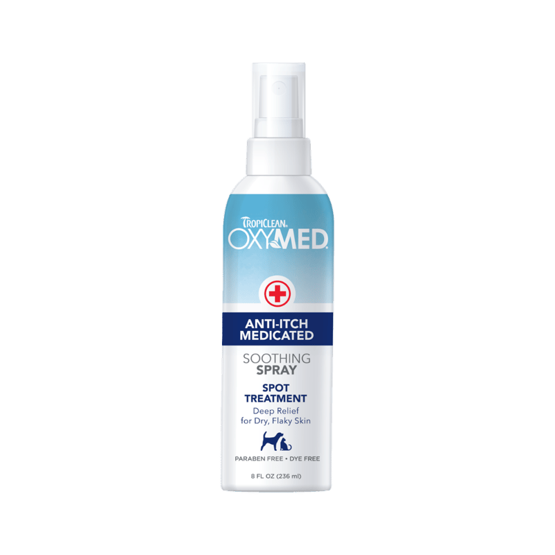 TROPICLEAN OxyMed Medicated Anti-itch Spray 8 oz professional product photo ready to upload to shopify