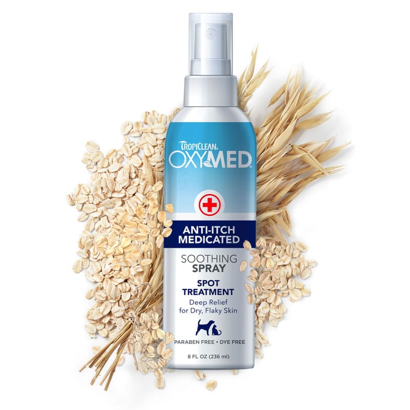 TROPICLEAN OxyMed Medicated Anti-itch Spray 8 oz professional product photo ready to upload to shopify