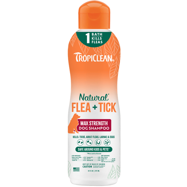 TROPICLEAN Dog Natural Flea & Tick Maximum Strength Shampoo 20 oz professional product photo ready to upload to shopify