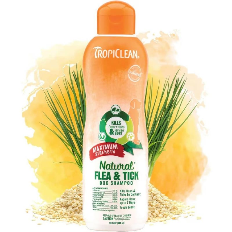 TROPICLEAN Dog Natural Flea & Tick Maximum Strength Shampoo 20 oz professional product photo ready to upload to shopify