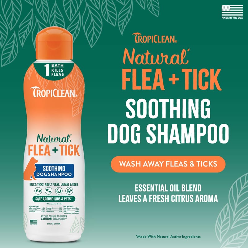 TROPICLEAN Dog Natural Flea & Tick Soothing Shampoo 20 oz professional product photo ready to upload to shopify