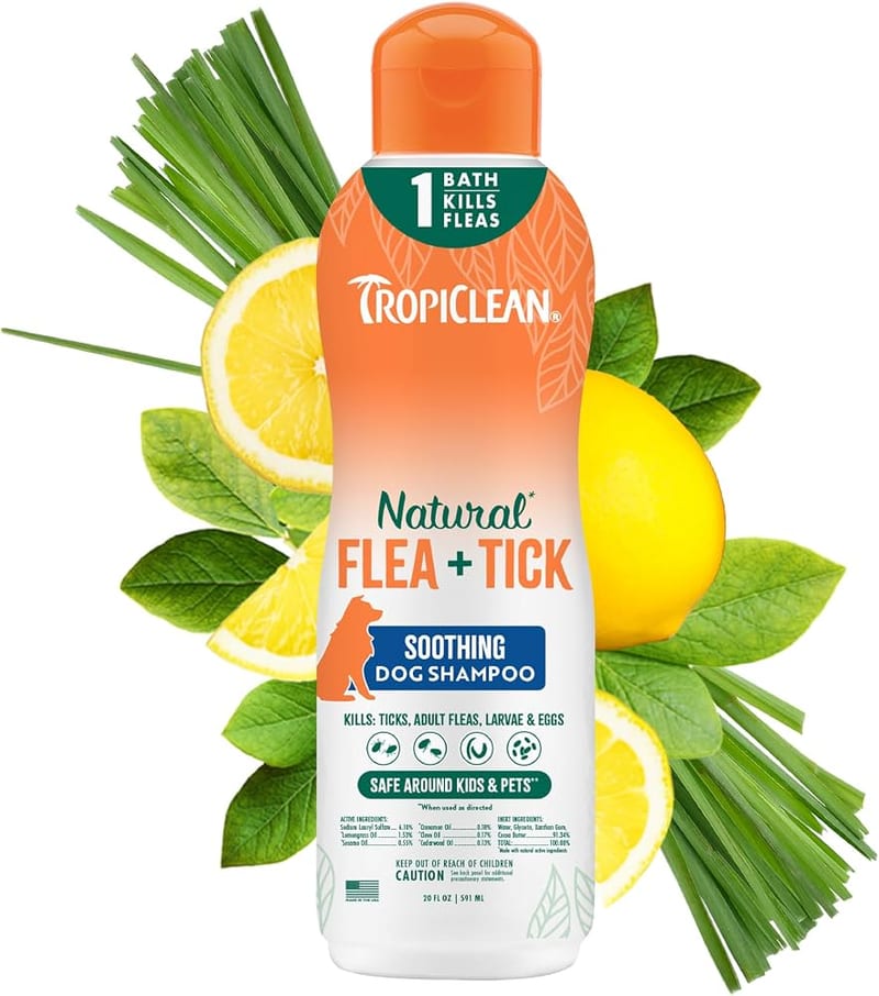 TROPICLEAN Dog Natural Flea & Tick Soothing Shampoo 20 oz professional product photo ready to upload to shopify