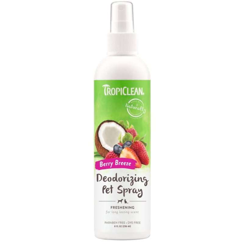 TropiClean Dogs Berry Breeze Freshening & Deodorizing Pet Spray 8 oz professional product photo ready to upload to shopify