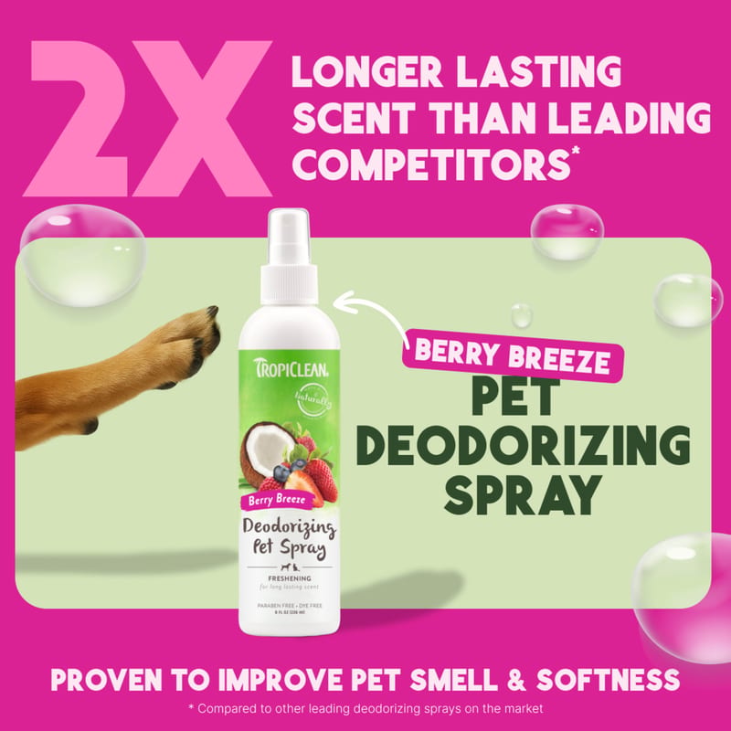 TropiClean Dogs Berry Breeze Freshening & Deodorizing Pet Spray 8 oz professional product photo ready to upload to shopify