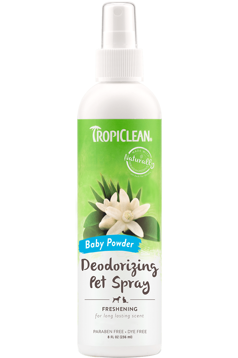 TROPICLEAN Dogs & Cats Baby Powder Deodorizing Spray 8 oz professional product photo ready to upload to shopify