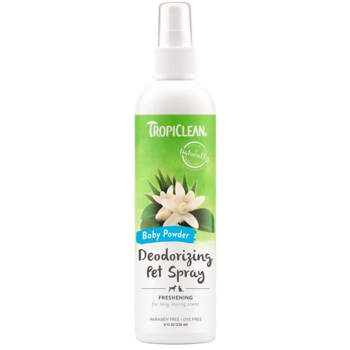 TROPICLEAN Dogs & Cats Baby Powder Deodorizing Spray 8 oz professional product photo ready to upload to shopify