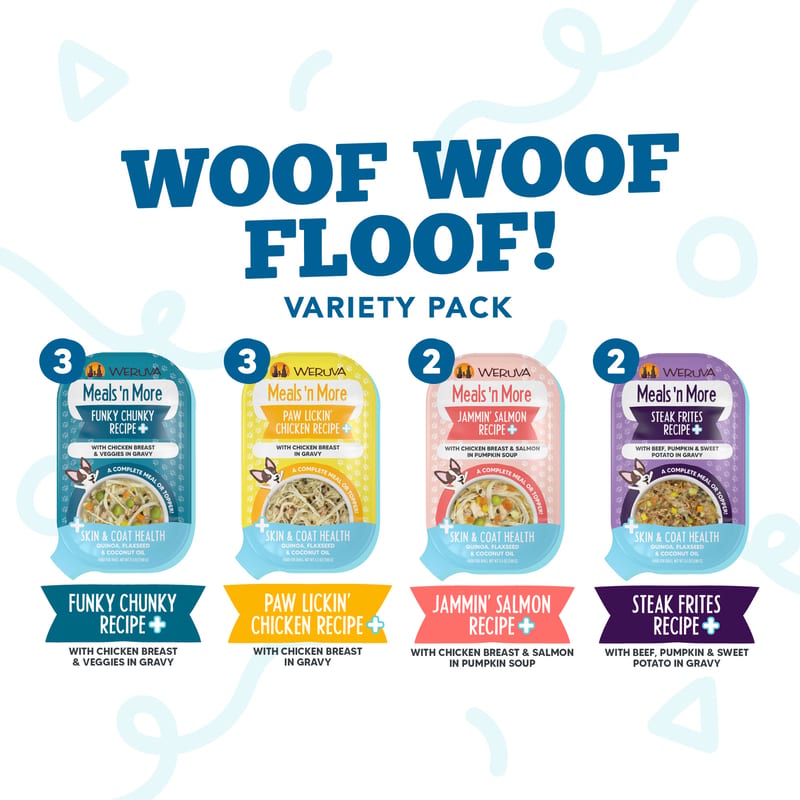 WERUVA DOG MEALS N' MORE WOOF WOOF FLOOF 3.5OZ VARIETY PACK CUP 10 PACK professional product photo ready to upload to shopify