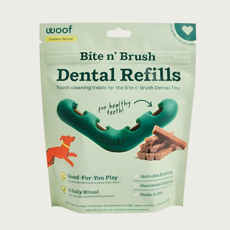WOOF Dog Bite N' Brush Chicken Sticks Refills Dental Treats 8 oz professional product photo ready to upload to shopify