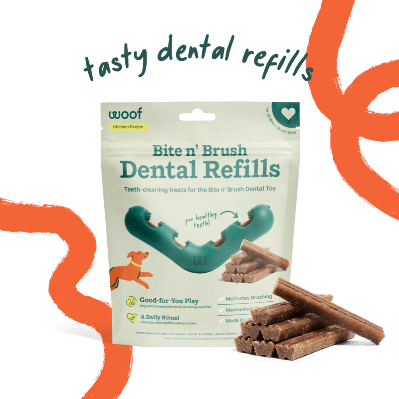 WOOF Dog Bite N' Brush Chicken Sticks Refills Dental Treats 8 oz professional product photo ready to upload to shopify